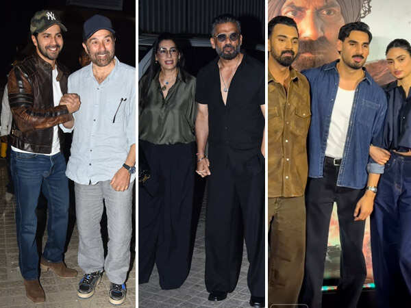 Border 2 Screening: Varun Dhawan Touches Sunny Deols Feet KL Rahul Supports Ahan Shetty