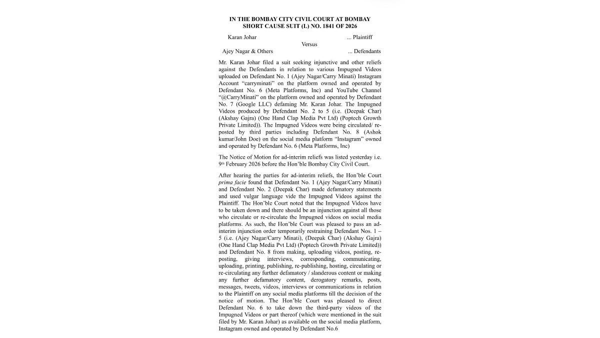 Mumbai Court Restrains Carry Minati From Posting Allegedly Defamatory Content Against Karan Johar